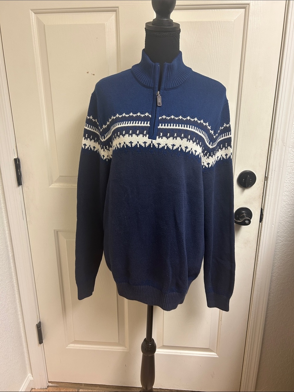 Men's Navy Half-Zip Sweater with White Fair Isle Patte, Size Medium